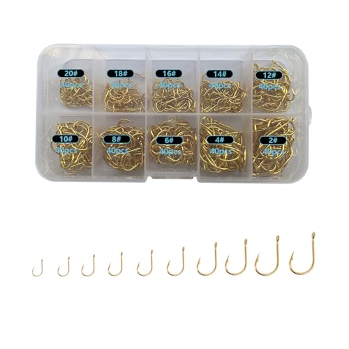 Dyxssm Small Fishing Hooks for Freshwater, 1000pcs 600pcs 400pcs Trout Fish Hook Set, 10 Sizes #2-#20 - color: Gold, style: 400pcs (#2-#20)