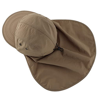Connectyle Mens Foldable UV Protection Sun Hat with Removable Neck Flap Outdoor Adventure Sun Cap for Fishing Hiking Safari - color: Dark Khaki