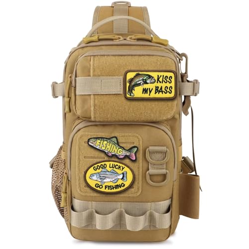 Dovesun Small Fishing Backpack with Tackle Boxes Fishing Sling Bag DIY Embroidery Patches Tackle Bag Gift for Men Khaki - color: A: Fishing Tackle Backpack(khaki)