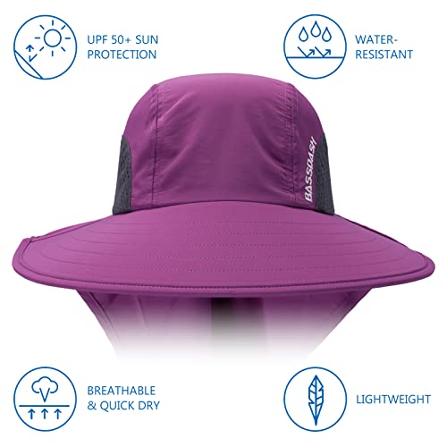 BASSDASH UPF 50+ Unisex Water Resistant Wide Brim Sun Hat with Large Neck Flap Ponytail Fishing Hat for Men Women - color: Purple Orchid