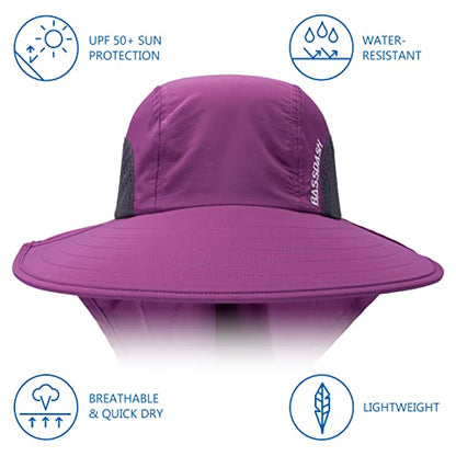 BASSDASH UPF 50+ Unisex Water Resistant Wide Brim Sun Hat with Large Neck Flap Ponytail Fishing Hat for Men Women - color: Purple Orchid