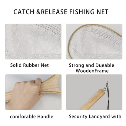 Aventik Fly Fishing Landing Net for Trout Soft Rubber Ghost Mesh Catch and Release Wooden Frame Lightweight and Tangle-Free - style: Round Head