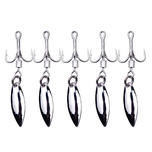 SEIWEI 5pcs 6# Bladed Treble Hooks with Willow Blade Replacement Bladed Spinner Treble Hooks for Trout Bass Freshwater Saltwater Fishing Lures Fishing Spoons-Silver