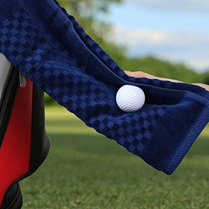 Cotton Golf Towel for Bag With Clip - Tri-fold Towel for Ball, Putter, Club Cleaning - Checkered Pattern Design (Dark Blue) - color: Dark Blue