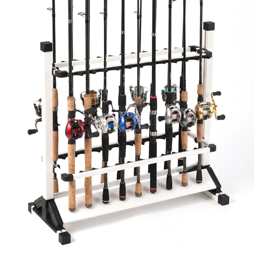 24-Rod Aluminum Fishing Rod/Pole Holder, Rustproof Fishing Rod Rack with 360° Lockable Wheels, Multi-Functional Storage Organizer for Garage & Home, Fits Most Rods & Golf Clubs (White) - color: White