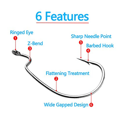 Afmivs Worm Hooks for Bass Fishing Hooks, 110pcs Bass Hooks Fishing, 6 Sizes Fishing Hooks Freshwater, Eagle Claw Hooks #1 1/0 2/0 3/0 4/0 5/0 Black High Carbon Steel with Portable Plastic Box