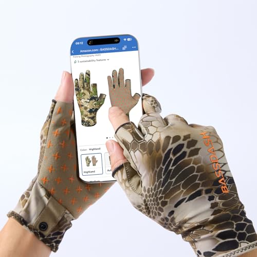 BASSDASH Unisex Fingerless Camo Hunting Gloves for Men's Women's Early Season Warm Weather UPF 50+ Lightweight Fishing Photography HG03 - color: Highland Ⅲ, size: X-Large