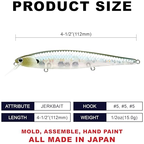 LUCKY CRAFT Slender Pointer 112 MR Fishing Lure, 4.5" Suspending Jerkbait, 4-5 ft Depth, Long Casting, Freshwater Trout and Bass Lures, Bass Fishing Gear and Tournament Hard Bait - color: 272 MS Ghost Minnow