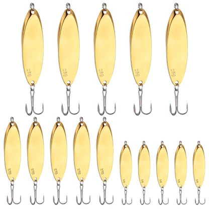 Shappy 15 Pcs Fishing Spoons Lures Treble Hooks Fishing Spoons 3 Sizes Hard Metal Casting Spoon Lures for Bass Trout Salmon Freshwater Saltwater in 1/5 3/4 1 oz - color: Gold