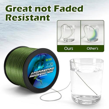 Ashconfish Braided Fishing Line Color Never Fade 8 Strands Super Strong PE Fishing Line Abrasion Resistant Fishing Wire Zero Stretch 6lb to 300lb - color: Moss Green, size: 328Yards(300m)-15lb/0.16mm