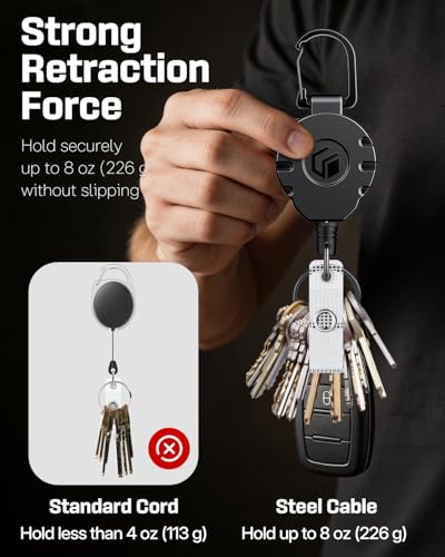 Uniclife Retractable Keychain Heavy Duty Carabiner Badge Holder Tactical ID Badge Reel for up to 8 oz with Stainless Steel Spring Coil 31.5 Inch Steel Wire Rope Retractable Lanyard Clip and Key Ring - color: Black, size: 1 Pack
