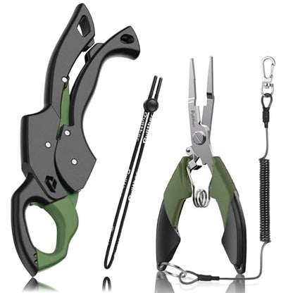 Fish Gripper 9.2",Muti-Function Line Cutter Fishing Pliers, Saltwater Fishing Tool Kit,Fishing Gear with Fishing Lanyard - color: Green