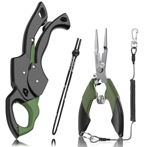Fish Gripper 9.2",Muti-Function Line Cutter Fishing Pliers, Saltwater Fishing Tool Kit,Fishing Gear with Fishing Lanyard - color: Green