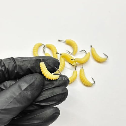 Bluegill Bait 24 Rubber Maggots with Hooks #10 Crappie Trout Panfish Lures | 24 Hooks + 24 Worms | Wax Worm Lure Grubs | Small Hook Micro Jig Soft Bait for Panfish Crappie | Freshwater Fishing Kit