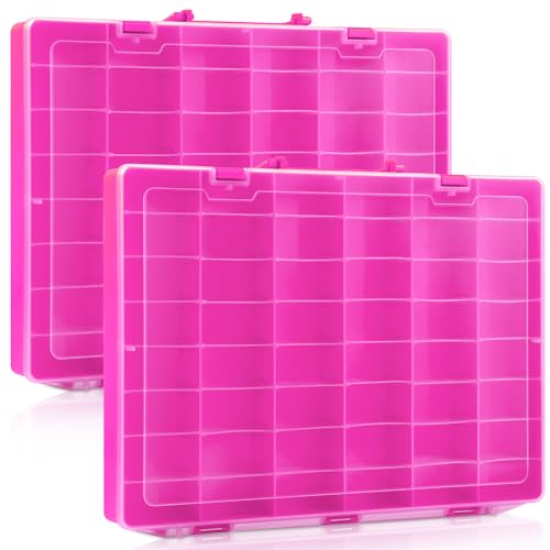 Juexica 2 Pcs Large 48 Grids Plastic Storage Bead Organizer Box, Tackle Box, Compartment Organizer Container with Adjustable Dividers for Jewelry Art Crafts Toys Screw Small Parts(Pink) - color: Pink