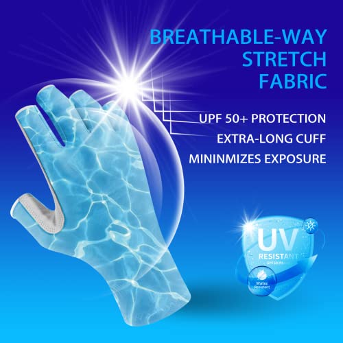 EDSRDUX UPF 50+ Fishing Gloves for Men Women, Long Cuff Fingerless Sun Gloves, Breathable Kayaking Sailing Sunscreen Gloves - color: Blue WaterRipple, size: X-Large