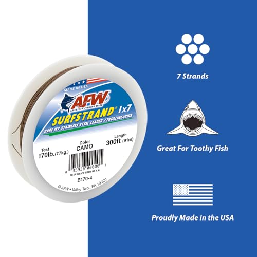 American Fishing Wire Surfstrand Bare 1x7 Stainless Steel Leader Wire - Fishing Leader Line for Saltwater, 20lb Test - 325lb Test in Bright, Camo in 30ft, 300ft, 600ft and 1,000ft Lengths - color: Camo, size: 30 lb / 300 ft