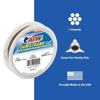 American Fishing Wire Surfstrand Bare 1x7 Stainless Steel Leader Wire - Fishing Leader Line for Saltwater, 20lb Test - 325lb Test in Bright, Camo in 30ft, 300ft, 600ft and 1,000ft Lengths - color: Camo, size: 10 lb / 30 ft