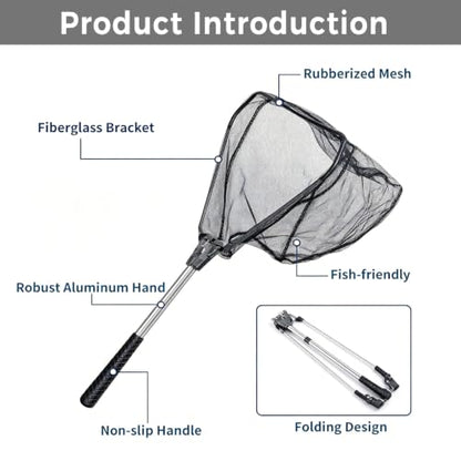 New Model Fishing Net, Foldable Landing Net with Deep Mesh Basket, Portable Fish Landing Net - color: Black