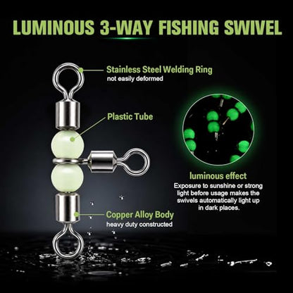 Goture Fishing Swivels, 3 Way Swivels Fishing Tackle, T Shape Cross Line Rolling Swivel with Luminous Beads Saltwater Freshwater,6 Sizes Three Way Barrel Swivel with Removable Dividers Tackle Box