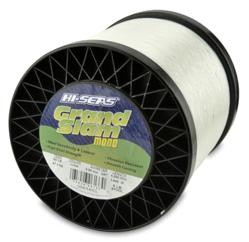 HI-SEAS Grand Slam Monofilament Fishing Line - Strong & Abrasion Resistant in Clear, Pink, Green, Smoke Blue, Fluorescent Yellow Freshwater & Saltwater - 5 lb Spool - color: Clear, style: 60 Lb Test, 0.80 Mm Dia, 4200 Yd