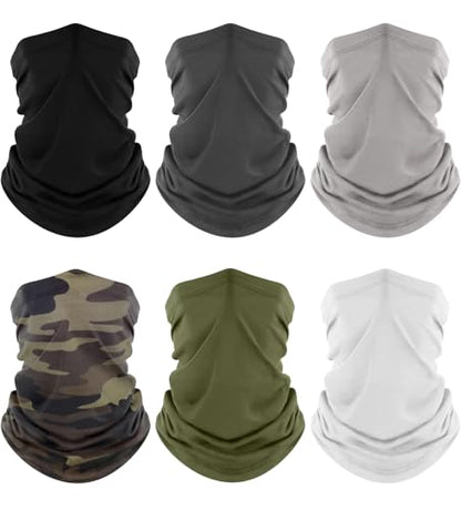 Fuinloth Neck Gaiter, 6 Pack Cooling UV Protection Bandana Face Mask Gator | Breathable Sweat Wicking, UPF 50, Sun Wind Dust Shield, Quick Dry & Washable, 95% Polyester 5% Spandex - color: Black+gray+light Gray+white+green+camo