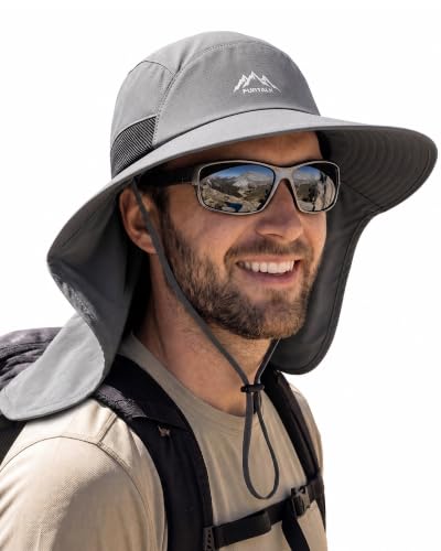 FURTALK Sun Hats for Men Women Fishing Hat with Neck Flap Chin Strap UPF 80+ Wide Brim Hiking Safari Summer Hats - color: Dark Grey