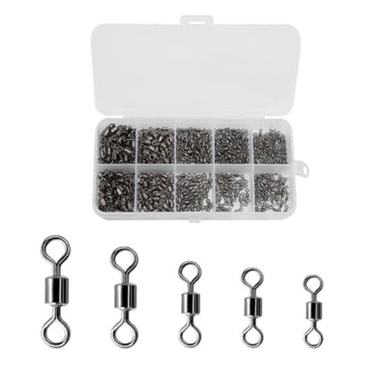 500 Pcs Rolling Barrel Fishing Swivels Kits 5 Sizes – High Carbon Steel Fishing Tackle Connectors for Saltwater and Freshwater, Storage Box Included