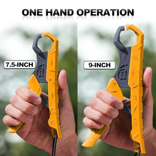 SNAIL TRAIL 7.5'' Floating Fish Gripper, Fishing Grabber | Catfish Mouth Pliers, Caught Bass Holder, Fish Scale Hook Clamp, Saltwater Lip Grip Tool with Lanyard, Gifts for Men - color: Yellow-gray
