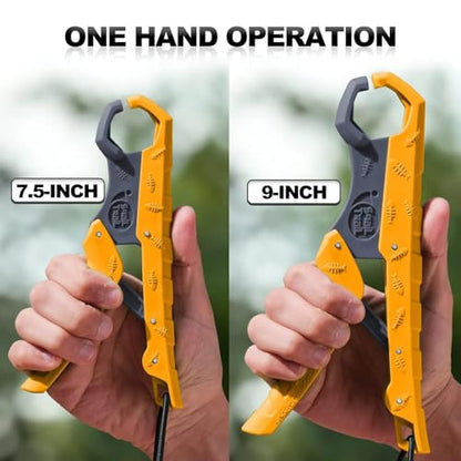SNAIL TRAIL 7.5'' Floating Fish Gripper, Fishing Grabber | Catfish Mouth Pliers, Caught Bass Holder, Fish Scale Hook Clamp, Saltwater Lip Grip Tool with Lanyard, Gifts for Men - color: Yellow-gray