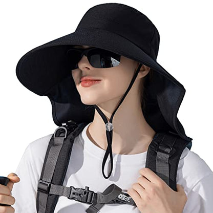 HUAMULAN Men Summer Sun Hat Women Safari Wide Brim Fishing Hats UV Protection Neck Flap Bucket Gardening Hiking Hunting Cap - color: Bg8112-black