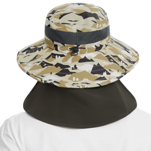 BASSDASH UPF 50+ Breathable Sun Hat with Removable Face Cover and Neck Flap Wide Brim Bucket Hat for Fishing Hiking Men Women - color: Mountain Camo/Dark Green