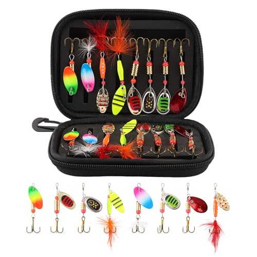 16pcs Fishing Lures Spinner Baits, Trout Bass Salmon Lures Kit, Metal Bass Trout Spinner Lure Baits with Portable Carry Bag for Freshwater Saltwater, Fishing Gifts for Men