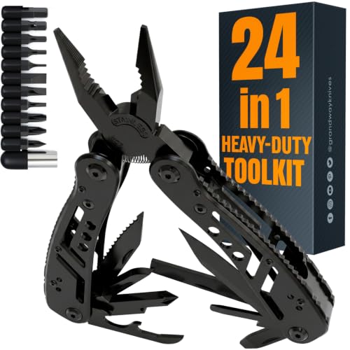24-in-1 Multitool with Knife, Pliers & 11 Magnetic Bits - Black Stainless Steel Multi Tool for Camping, Hiking, EDC - Gift for Men 2238B - color: 2. Black