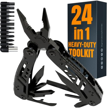 24-in-1 Multitool with Knife, Pliers & 11 Magnetic Bits - Black Stainless Steel Multi Tool for Camping, Hiking, EDC - Gift for Men 2238B - color: 2. Black