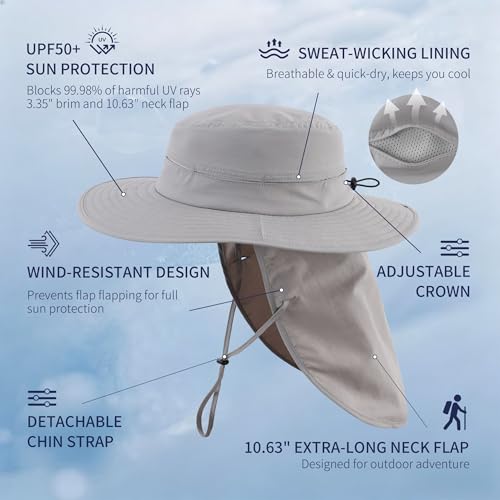 Connectyle Wide Brim Sun Hat for Men Women UPF 50+ Breathable Fishing Hat with Neck Flap Outdoor Hiking Safari Bucket Hats - color: Light Grey
