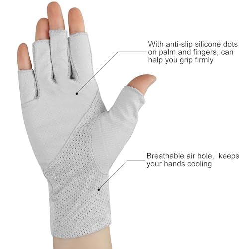 Senkary 3 Pairs Sun UV Protection Gloves Non Slip Cotton Fingerless Driving Biking Sunscreen Nail Manicure Gloves for Women - color: Khaki, Gray and Black
