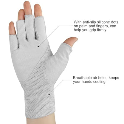 Senkary 3 Pairs Sun UV Protection Gloves Non Slip Cotton Fingerless Driving Biking Sunscreen Nail Manicure Gloves for Women - color: Khaki, Gray and Black