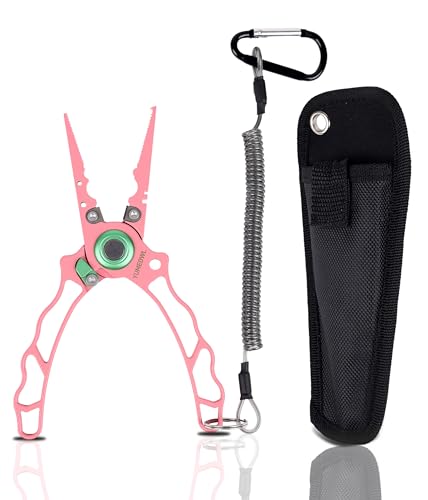 Fishing Pliers with Innovative Ergonomical Handle, Corrosion Saltwater Resistant,Fishing Multitool Hook Remover Braided Fishing Line Cutting, Split Ring with Coiled Lanyard and Sheath - color: Pink-6.6"