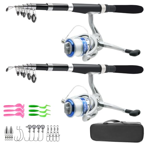 Fishing Pole Combo Set,2.1m/6.89ft 2PCS Collapsible Rods 2PCS Spinning Reels Lures Set Carrier Bag Carbon Fiber Telescopic Fishing Rods Sea Saltwater Freshwater Kit Fishing Rod Reel Combos