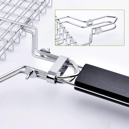 BBQ Grill Basket, 430 Food Grade Stainless Steel Lockable Fish Grill Basket with Removable Handle, Portable Grilling Rack for Whole Fish, Steak, Shrimp and Vegetables, Outdoor Camping Barbecue