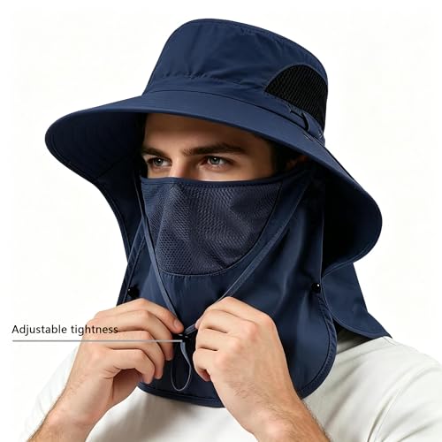 Sun Hat for Men and Women, UPF 50+ UV Protection, Wide Brim Breathable, Fish Hat with Neck Flap and Breathable Face Mask - color: Navy
