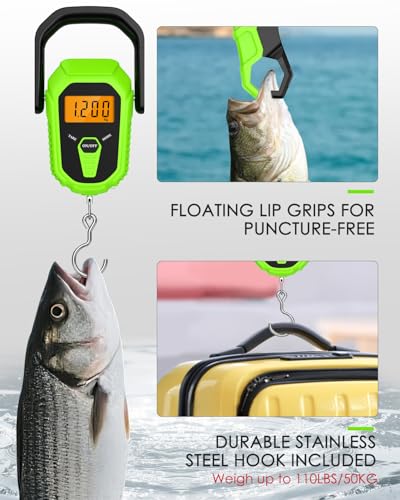 Digital Fishing Scale with Lip Gripper, 110lb/50kg Waterproof Fish Weight Scale with Tape Measure, Hook & Clamp, LCD Display & Hanging Design, Ideal Fishing Gift for Men Anglers - color: Green