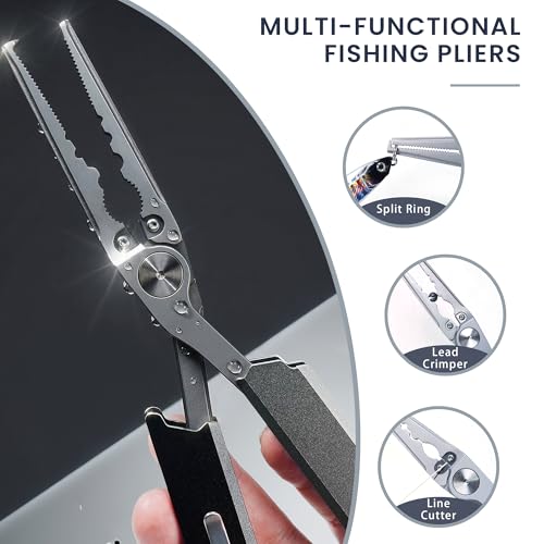 Selake 12-in-1 Saltwater Fishing Pliers EDC Multitool, Titanium Coated Marine Stainless Steel Folding Pen-Sized Hook Remover Braid Cutter Fishing Gear Gifts for Men