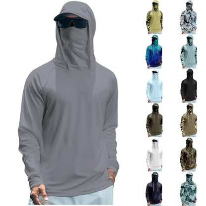 Men's UPF 50+ Sun Protection Hooded Shirt with Integrated Face Cover Long Sleeve Lightweight Rash Guard Shirts - color: C201- Gray, size: XX-Large