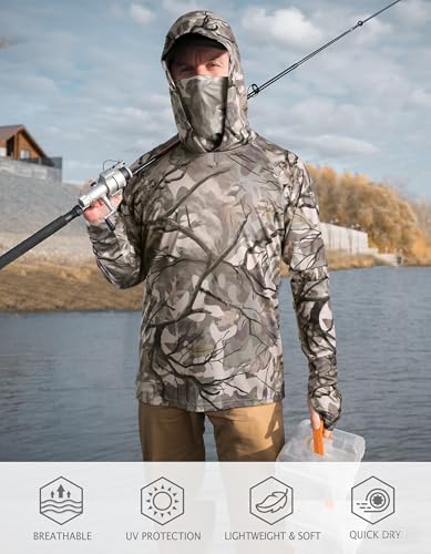 FISHEAL Men's Hunting Shirts with Mask - UPF 50+ Camo Long Sleeve Fishing Hoodie Shirt with Adjustable Drawstring - color: Autumn Forest, size: Small