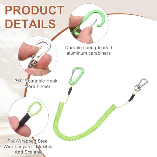 PATIKIL Fishing Lanyard, (78.74" Length, Green) (3Pcs), Retractable Coiled Tether Anti-Lost Rope Coiled with Carabiners and 360° Safety Buckle, Suit for - Fishing/Hunting/Hiking/Boating - color: Green, size: 78.74"