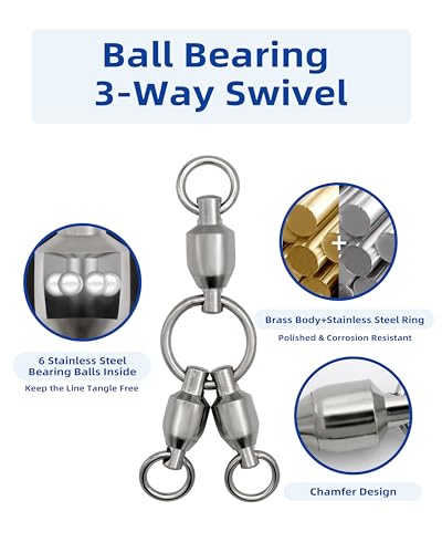 BLUEWING Ball Bearing 3-Way Swivels Fishing 10pcs Brass/Stainless Steel with Rolling Barrel 104lbs, 134lbs, 168lbs