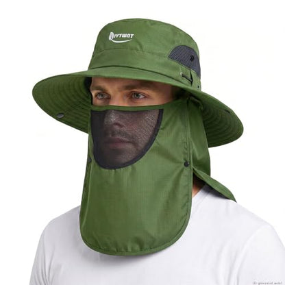 Wide Brim Fishing Hat, Waterproof UV Protection Bucket Sun Hats with Removable Face Cover & Neck Flap for Men Women - color: Army Green