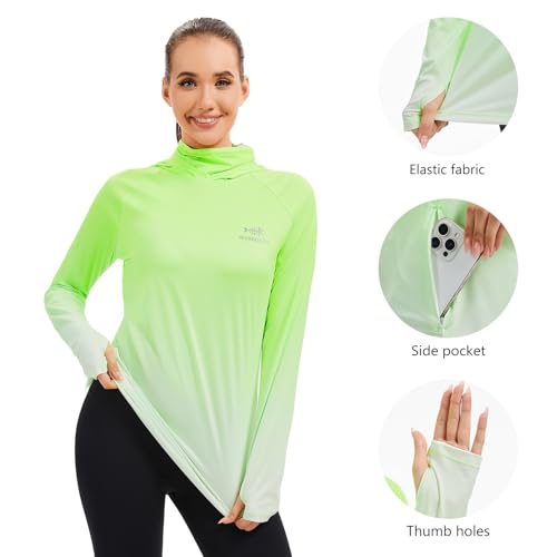 BASSDASH Women's Fishing Hoodie Shirt with Face Mask Thumb Holes UPF 50+ FS23W - color: Fluorescent Green Spot Gradient, size: Small